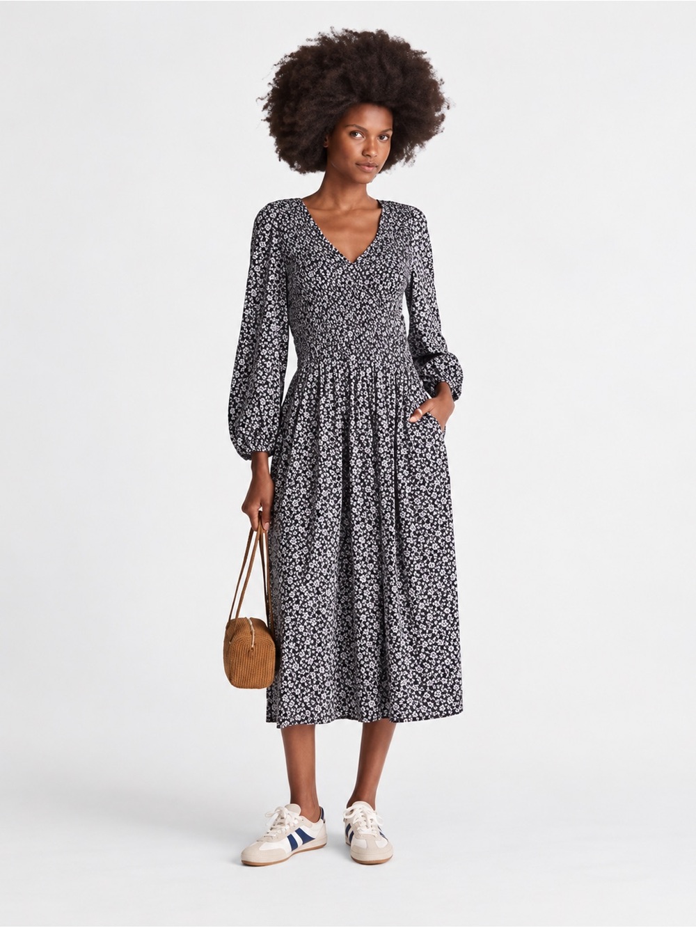Madewell Smocked V-Neck Floral Midi Navy/White Dress Long Sleeve Size XL